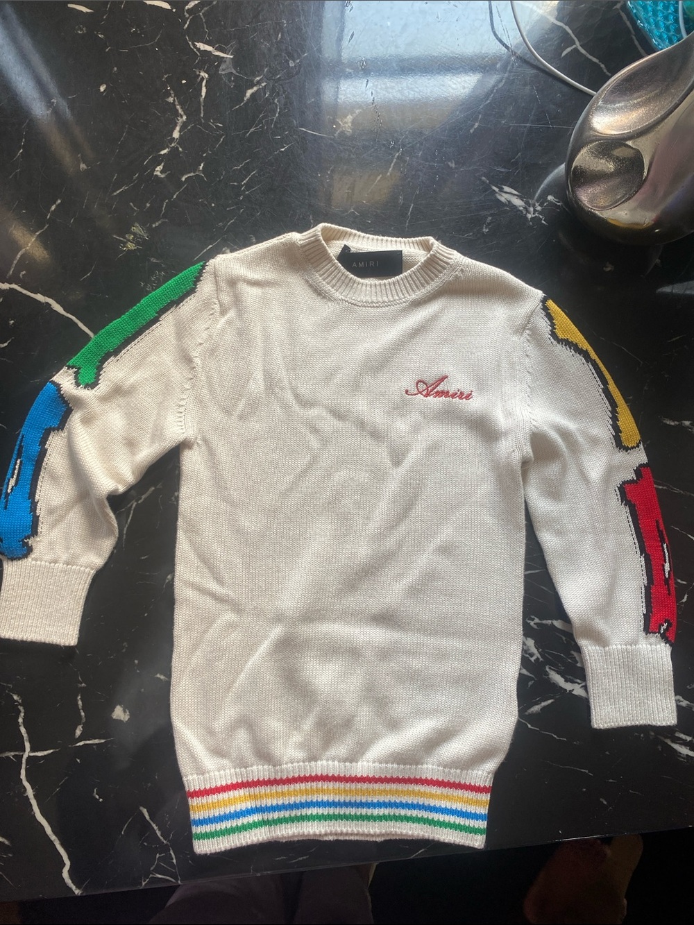 AMIRI Cream Crewneck Sweater dress with Rainbow Sleeve Accents